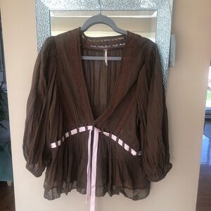 Free People Brown Peasant Blouse with Pink Ribbon Trim